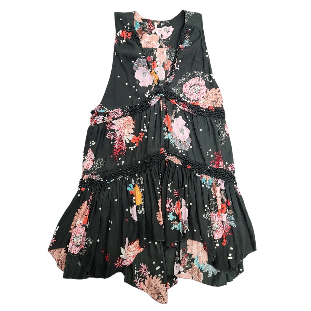 Free People Haze Floral Tiered Tunic Top Women's XS Black Dark Romantic Goth